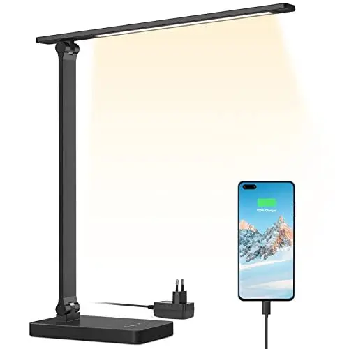 Produktbild: Lepro Schreibtischlampe, LED Tischlampe 15W, 655LM Tischleuchte 3 Farben, 5 Helligkeitsstufen Dimmbar mit USB-Anschluss, Schreibtischleuchte Augenschutz, Leselicht für Büro, Schwarz