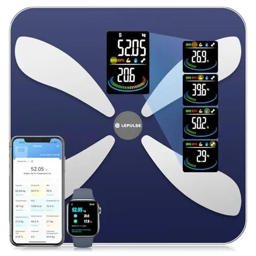 Produktbild: Lepulse Körperfettwaage F3, Großes Display, Waage mit Körperfett und Muskelmasse, Personenwaage mit Körperfettanalyse, Körperwaage mit APP, Waage Personen, 13 Körpermaße