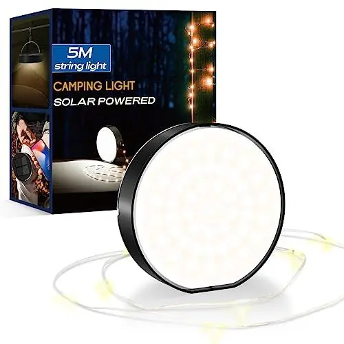 Produktbild: Lepwings Campinglampe Solar mit 5M 50 Led Lichterkette, Campinglaterne Tragbare mit 4000mAh Batteriebetrieben Powerbank, Dimmbar Zeltlampe IP54 Wasserdicht, Solarlicht für Innen & Aussen