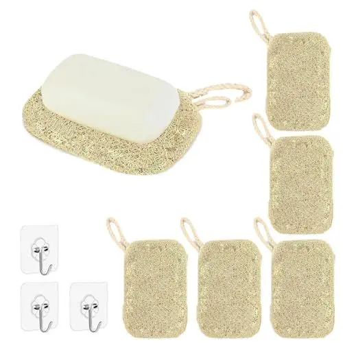 Produktbild: LERANXIN Luffa Schwamm Küche, 6 Stücke Luffa Gurke Schwamm, Holzfarbenes Luffa-Spültuch, mit Schlüsselband und Transparenten Haken, Kompostierbarer ​​​​Luffaschwamm​​​​, für Reinigung von Geschirr