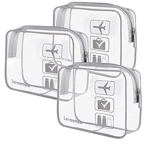 Produktbild: Lermende 3er-Pack Kosmetiktasche mit Silikongriffen, TSA-zugelassen für Flughafen, transparente Kosmetiktasche für Frauen, Airline-konform für Reise-Toilettenartikel, 3 Grau