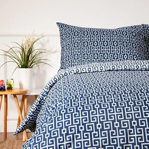 Produktbild: LERUUM Bettbezug Bettwäsche Set Geometrisches Wendbares Marine Griechisches Schlüsselmuster%100 Baumwolle Luxuriöser (140x200 + 65x65, Classy Navy)