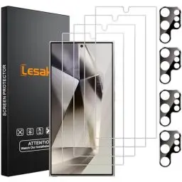 Produktbild: Lesakit (4+4 Stück Panzer Schutz Glas für Samsung Galaxy S24 Ultra, 4 Stück Schutzfolie und 4 Stück Kameraschutz, 9H Härte Panzerfolie, Anti-Kratzr Glasfolie, HD Displayschutz