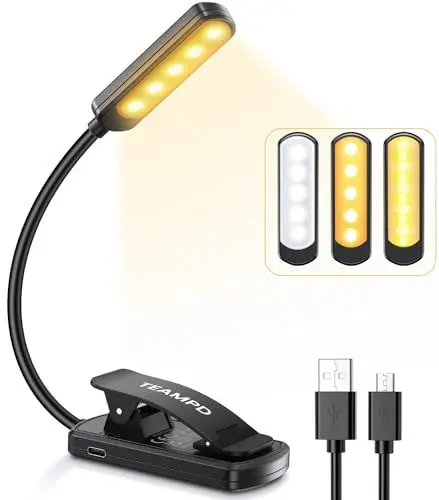 Produktbild: TEAMPD Leselampe Buch Klemme, Buchlampe mit 10 LEDs, 3 Farbtemperatur Modi Dimmbare Helligkeit, Augenschutz Klemmlampe, USB Wiederaufladbare Klemmleuchte, 360° Flexibel für Nachtlesen ins Bett, Reisen