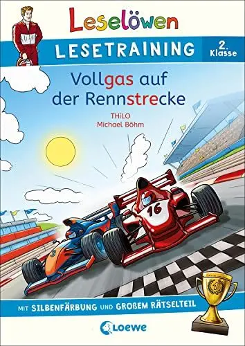 Produktbild: Leselöwen Lesetraining 2. Klasse - Vollgas auf der Rennstrecke: mit Silbenfärbung und großem Rätselteil - Erstlesebuch zum Lesenüben mit Rätseln für Kinder ab 7 Jahren