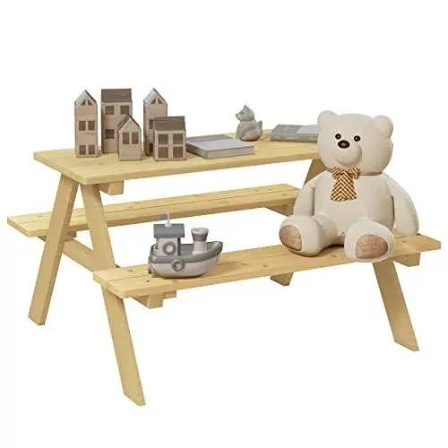 Produktbild: Lestarain Kindersitzgarnitur Garten, 1 Tisch mit 2 Sitzbänken, Kindersitzgruppe Outdoor, Gartenmöbel für Kinder, aus Massivholz, Naturholzfarbe