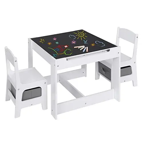 Produktbild: Lestarain 3 TLG. Kindertisch mit 2 Stühlen, Kindersitzgruppe, Kindermöbel Set mit Stauraum, Malttisch für Vorschüler, Tischplatte mit Tafel und Papierrolle, für Kinderzimmer Spielzimmer, Weiß