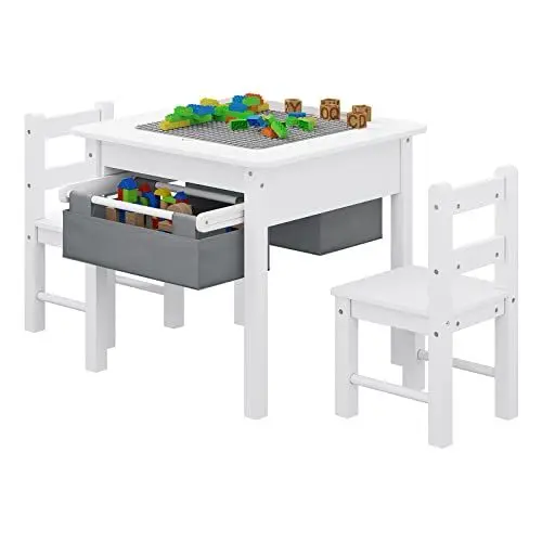 Produktbild: Lestarain Kindertisch mit 2 Stühlen, Kindersitzgruppe mit Stauraum, Spieltisch für große Bauklötze, multifunktionaler Aktivitätstisch für Kinder, ausziehbare Aufbewahrungsboxen, Weiß Grau