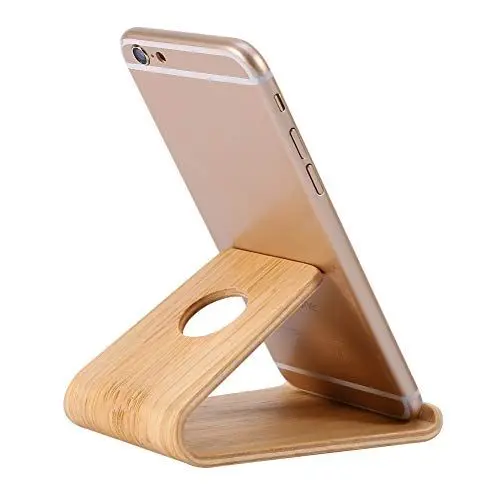 Produktbild: Les-Theresa Handyhalter aus Bambus, Tablet Ständer Holz Handy Ständer Holz Handy Halterung Schreibtisch mit 4 Selbstklebenden Pads Handyhalterung Schreibtisch Bambus, für iPhone, iPad und Alle Handys