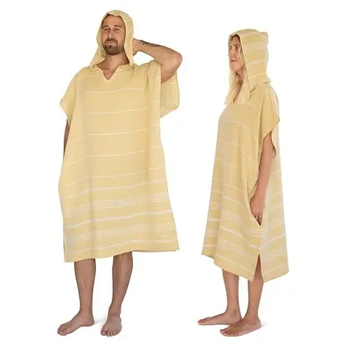 Produktbild: LeStoff Badeponcho - 50% Bio-Baumwolle 50% Hanf - Leicht, Saugstark, Schnelltrocknend, Bio, Strandponcho Kapuze, Handtuchponcho, Surf Poncho, Handtuchkleid, Duschponcho, Umziehponcho (Sun, S)