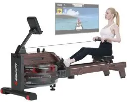 Produktbild: LESUNFIT Wasser Rudergerät aus natürlichem Massivholz (Eiche), 30Tage Frei Kinomap Mitgliedschaft & Bluetooth Monitor, Herzfrequenz Empfänger, Komfortabler ergonomischer Sitz, 150kg Belastbarkeit