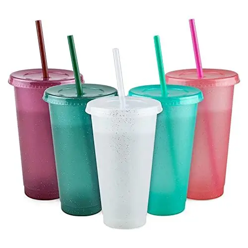 Produktbild: letech+ Becher Tasse Trinkbecher mit Strohhalm und Deckel - Farbwechsel Becher Mehrweg Plastikbecher Kinder Tasse Cup Travel Mug Tumbler Eiskaffee Kaltes Trinken Smoothie Saft - 5er Pack
