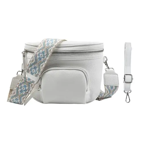 Produktbild: letech+ Leder UmhäNgetasche Damen Crossbody Bag Damen Breiter Gurt Klein damentaschen mit 2 Breitem Schultergurt Shoulder Bag Women Damen-Schultertaschen Crossover Bag brusttasche damen Weiß