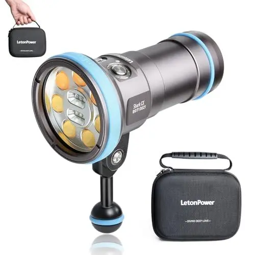 Produktbild: LetonPower Shark CX tauchlampe Video 8000 Lumen - IP68 wasserdichte Videoleuchte (120m), CRI 98 mit 120°-Winkel, USB-C wiederaufladbar für Unterwasser videoleuchte
