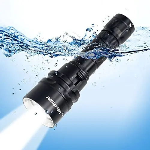 Produktbild: LetonPower Tauch-Taschenlampe, 2000 Lumen, wasserdicht, Unterwasser-XM-L2-LED-U-Boot-Halter, mit wiederaufladbarem 18650-Akku, USB-Aufladung für Unterwasser, Tiefseehöhle bei Nacht