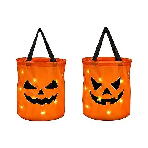 Produktbild: Leuchtender Halloween-Eimer, 2 Stück LED-Halloween-Süßigkeiten-Taschen, Wiederverwendbare Halloween Partytüten im Kürbis-Stil für Halloween Party Favors