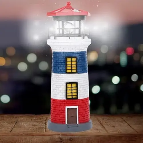 Produktbild: Leuchtturm-Licht, Solar-LED-Garten-Leuchtturm, Solar-Gartenleuchten, LED-Solarenergie-Leuchtturm-Statue, rotierende Außenleuchte für den Außenbereich, Dekoration für Garten, Zaun(Rot, Blau und Weiß)