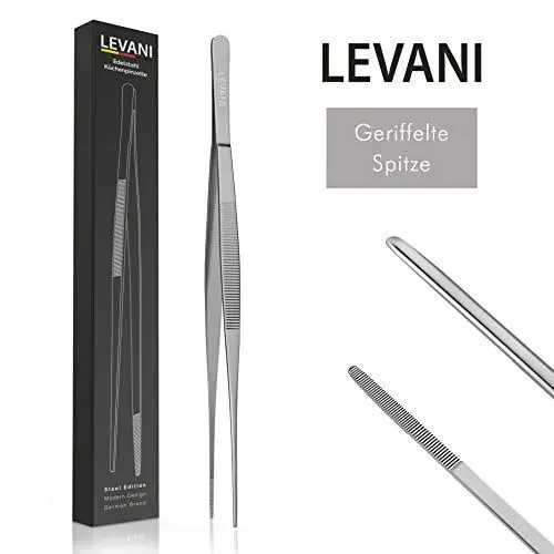 Produktbild: Levani® Kochpinzette 30cm - Küchenpinzette aus Hochwertigem und Rostfreiem Edelstahl - Fleischzange mit geriffelten Griffflächen - Grillpinzette - Pinzette Lang (30 cm)
