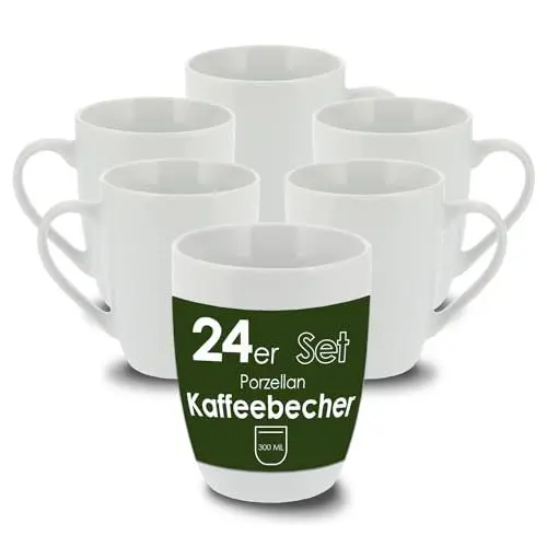 Produktbild: Level One 24 Stück Kaffeebecher 300ml aus hochwertigem Porzellan, Kaffeetasse in weiß, Kaffeebecher mit Henkel, Spülmaschinen- & Mikrowellengeeignet