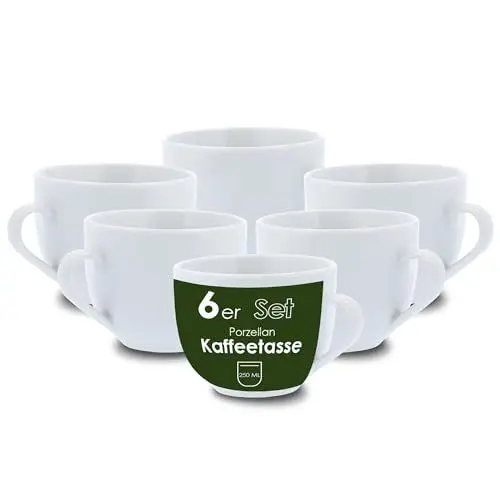 Produktbild: Level One 6 Stück Kaffeetasse 250ml aus hochwertigem Porzellan, Kaffeetasse in weiß, Kaffeebecher mit Henkel, Spülmaschinen- & Mikrowellengeeignet