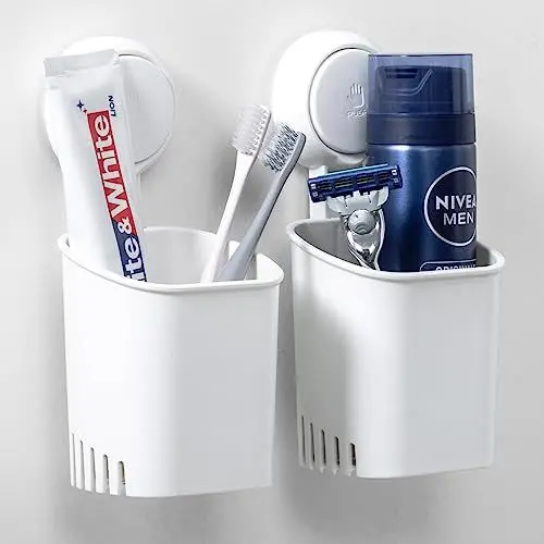 Produktbild: LEVERLOC Zahnbürstenhalter Saugnapf, Max 5 KG Badezimmer elektrischer Zahnbürstenhalter für Dusche, Wasserfester Küchen-Rasierklingenhalter, Weißer Geschirrhalter - 2 Pack