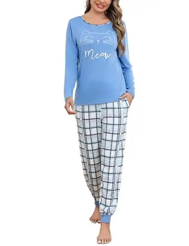 Produktbild: Leversic Schlafanzug Damen Lang Kariert Zweiteiliger Pyjama Set, Rundhals Oberteil und Schlafanzughose Loungewear Hausanzug Baumwolle Nachtwäsche, Hellblau, L