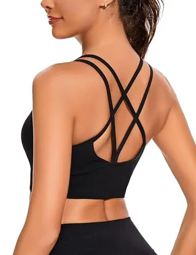 Produktbild: Leversic Sport BH Damen Ohne Bügel V-Ausschnitt Cross Back Design, Bustier Damen Sport Top mittelstarkem für Fitness Yoga Joggen, 1pc-Schwarz, S