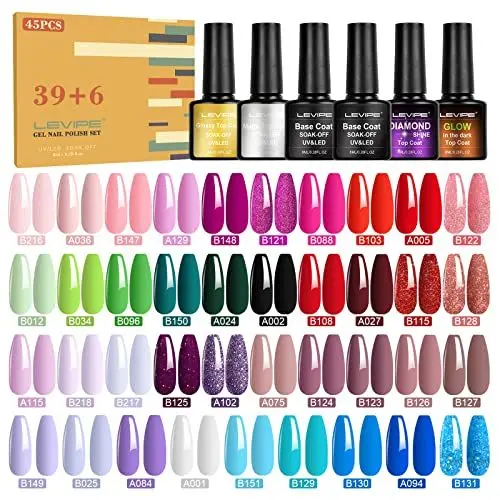 Produktbild: LEVIPE UV Nagellack Set, 45 Stück Gel Nagellack mit Unterlack,Glänzender & Matte Überlack, Diamant & FluoreszenzÜberlack，Gellack Shellac Nagellack UV Gel Set für Nagel Design
