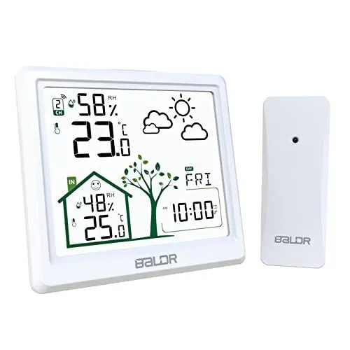 Produktbild: LEVIPE Wetterstation Funk mit Außensensor, Digital Funkwetterstation mit Innen Außen Temperatur- und Luftfeuchtigkeit Wettervorhersage, Wecker, Uhrzeitanzeige (Weiß)