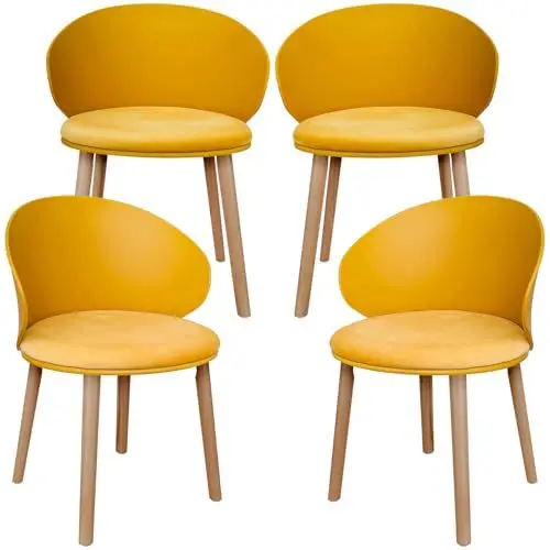 Produktbild: LEWE 4er Set Esszimmerstühle, Konferenzstuhl, geschwungene Rückenlehne, Sitz mit holländischem Vlies gepolstert, Stuhl mit Armlehne, wasserfeste Rückenlehne, Gestell: Holz - (Gelb)