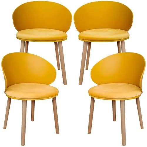 Produktbild: LEWE 4er Set Konferenzstuhl, Empfangsstühle, Esszimmerstühle, Gebogene Rückenlehne, gepolsterter Sitz aus holländischem Vlies, Armlehne, Gästestuhl, Gestell: Holz - (Gelb)
