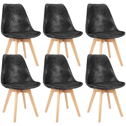 Produktbild: LEWE Esszimmerstühle 6er Set Stühle Skandinavischer Küchenstuhl Wildlederkissen mit Beinen aus Buchenholz für Esszimmer, Wohnzimmer, Schlafzimmer, Küche (Schwarz)
