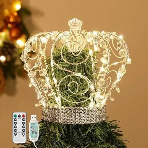 Produktbild: Lewondr Weihnachtsbaumdekor, Krone für den Baum mit Metallrahmen und 50 Warmen Lichtkugeln, USB-Betrieb und Fernbedienung mit 6-Stunden-Timer, Wohnkultur für die Feiertage, Silber