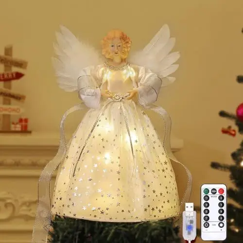 Produktbild: Lewondr Christbaumspitze Engel, 12 Zoll Glitzernd Weihnachtsdeko Weihnachten Baumspitze mit 8 Modi, USB-betrieben Fernbedienung Tannenbaum Spitze für Weihnachtsbaum Weihnachten Party Innen, Silber