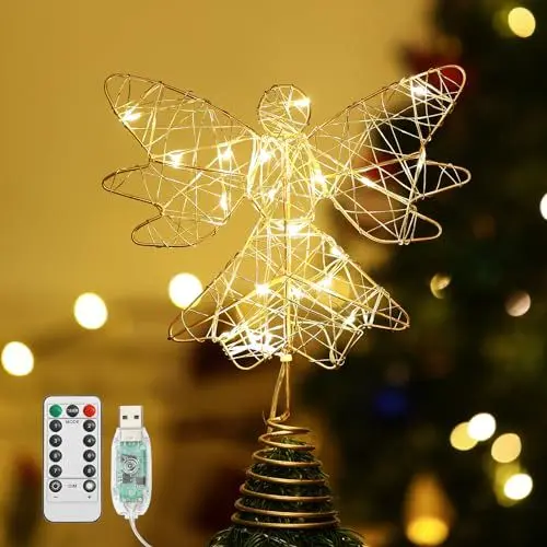 Produktbild: Lewondr Christbaumspitze Engel, 9,8 Zoll Glitzernd Weihnachtsdeko LED Weihnachten Baumspitze mit Timer, USB-betrieben Fernbedienung Tannenbaum Spitze für Weihnachtsbaum Weihnachten Party Innen, Gold