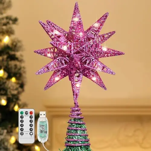 Produktbild: Lewondr Christbaumspitze, Glitzernder Weihnachtsbaum Topper Beleuchtete Funkelnde 3D geometrisch Stern Weihnachtsbaumspitze Weihnachten Dekoration LED Dekorativ Licht Batteriebetrieb 28cm, Violett