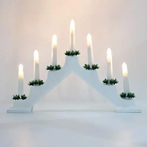 Produktbild: Lewondr Kerzenleuchter Weihnachten, Dekorativ LED Bogen Weihnachten Holz Weihnachtslichter Fensterbank mit 7 Kerzenlichtern Flammenlos Kerzenbrücke Schwibbogen für Advent Innen, USB-Betrieben, Weiß