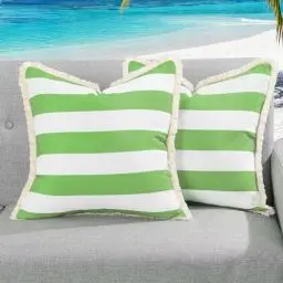 Produktbild: Lewondr Outdoor Kissenbezug, 2 Stück 50x50cm, wasserdichte Quadratische Zierkissenbezug mit Fransen, Gestreifte Dekorative Outdoor Kissenhülle für Garten Lounge Sofa Balkon, Grün