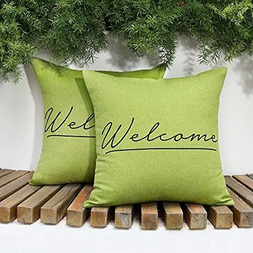 Produktbild: Lewondr Outdoor Kissenbezug, 2er Pack Wasserdicht Kissenhülle mit Welcome Drucken, UV Schutz Zierkissenbezug Kopfkissenbezug mit Beschichtung für Sofa Stuhl Garten Lounge(45x45cm) - Grün