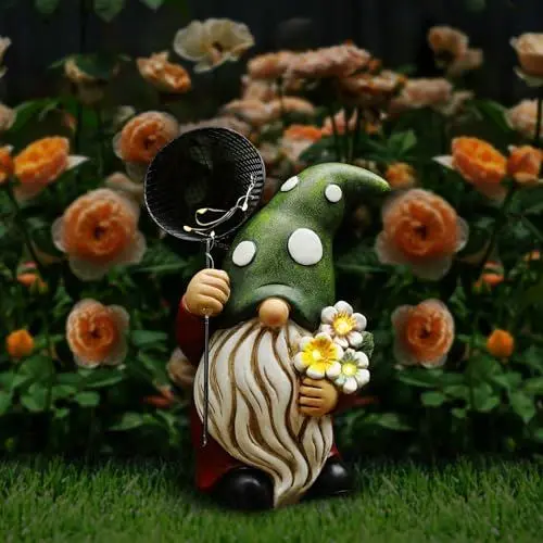 Produktbild: Lewondr Solar Gartenzwerg Gartendeko für Draußen, Wasserdicht Harz Zwerg Gartenfigur mit Netz & Blumen, Skulptur Gartendekoration mit Warm Licht Geschenk für Rasen Hof Terrasse Veranda