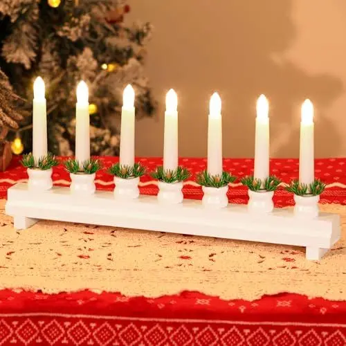 Produktbild: Lewondr Weihnachten Schwedischen Kandelaber, Elektrische Kerzen mit 7 Flammenlose Kegelkerzen, hölzerne Kerze Brücke Licht mit USB betrieben, Dekorative Weihnachtskerze Lichter für Hochzeit, Weiß
