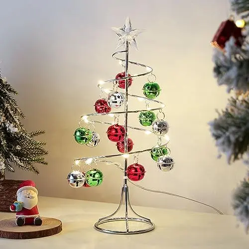 Produktbild: Lewondr Weihnachten Tischlampe, 27,5cm Mini Weihnachtsbaum mit LED Beleuchtung, Glocken & Stern, Spiralförmig Weihnachtsbaum Batteriebetrieb/USB-betrieben Weihnachtslicht, Rot/Grün