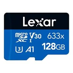 Produktbild: Lexar 633x 128GB Micro SD Karte, microSDXC UHS-I Karte + SD-Adapter, Bis zu 100 MB/s Lesen, Speicherkarte mit A1, C10, U3, V30, für Handy/Tablet/Überwachungskamera (LMS0633128G-BNAAA)