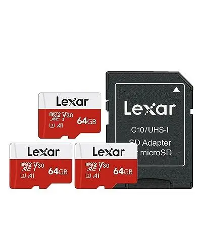 Produktbild: Lexar Micro SD Karte 64GB 3er Pack, Speicherkarte Micro SD mit Adapter, Bis zu 100 MB/s Lesegeschwindigkeit, UHS-I, U3, A1, V30, C10, 4K UHD microsdxc SD Karte für Kamera, Smartphone