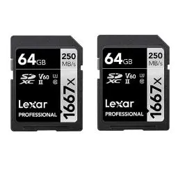 Produktbild: Lexar Professional 1667x SD Karte 64GB 2er-Pack, Speicherkarte SDXC UHS-II, Bis zu 250 MB/s Lesen, Class 10, U3, V60, SD für Professionelle Fotografen, Videofilmer, Enthusiasten (LSD1667064G-B2NAA)