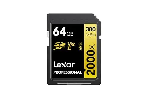 Produktbild: Lexar Professional 2000x SD Karte 64GB, SDXC UHS-II Speicherkarte ohne Lesegerät, Bis Zu 300MB/s Lesen, Class 10, U3, V90 Speicherkarte für DSLR, Videokameras in Kinoqualität (LSD2000064G-BNNAG)