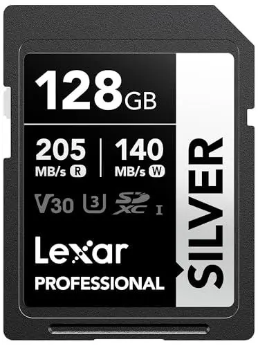 Produktbild: Lexar Silver SD Karte 128GB, UHS-I SDXC Card 205 MB/s Read Speed, 140 MB/s Write Speed, V30, U3, C10, 4K UHD Video, SD Card Memory Card with Lexar Lifetime Data Recovery