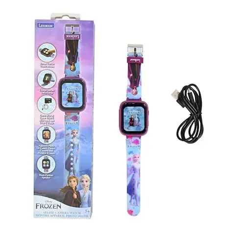 Produktbild: Lexibook, Die Eiskönigin, Selfie-Kamera-Uhr, HD-Touchscreen, 720p-Kamera, MP3-Player, integrierter Lautsprecher, Diktiergerät, Schrittzähler, 5 Spiele, Blau/lila, DMW070FZ