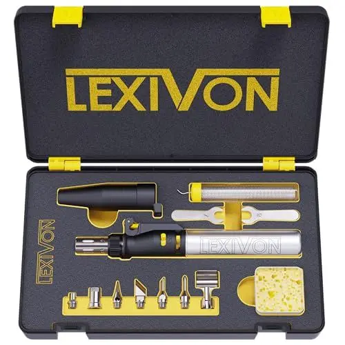 Produktbild: LEXIVON Butan Lötkolben Kit | Kabellos Gas löt, Selbstentzündende einstellbare Flamme, 7 Aufsätze Set, Arbeitstemperatur bis 1300°C, und bis zu 600°C ein während Sie mit Lötspitzen arbeiten (LX-770)