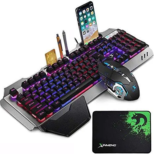 Produktbild: LexonElec Gaming Tastatur- und Mäusesets K618 Kabelgebundene RGB-LED-Hintergrundbeleuchtung 104 Tasten Handauflage USB-Gamer-Tastatur Metall + 2400 DPI Optische 6 Tasten PC-Spiel-Maus + Mousepad